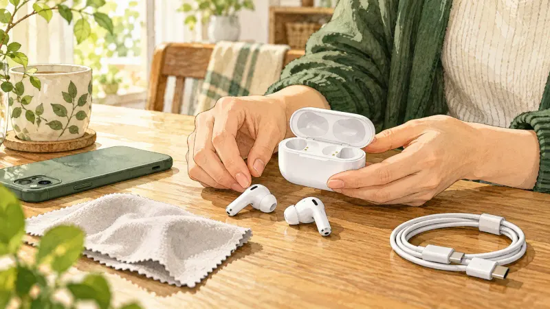 白いワイヤレスイヤホンの左右と充電ケース、ケーブル、柔らかい布を机でそろえる様子