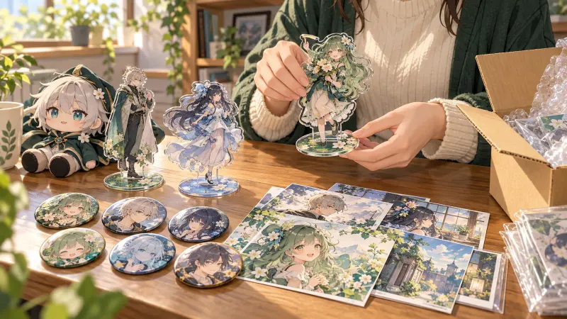 缶バッジやアクリルスタンドを机に集め、売るグッズと付属品を選ぶ様子