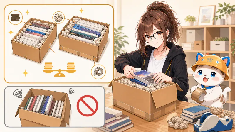 ミチルとハコまるが本を小さめの箱へ平らに重ね、底をテープで補強し、隙間へ緩衝材を詰めている様子
