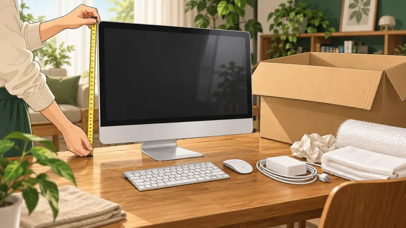 元箱のない一体型Macの寸法を確かめ、電源・キーボードと梱包材をそろえる様子