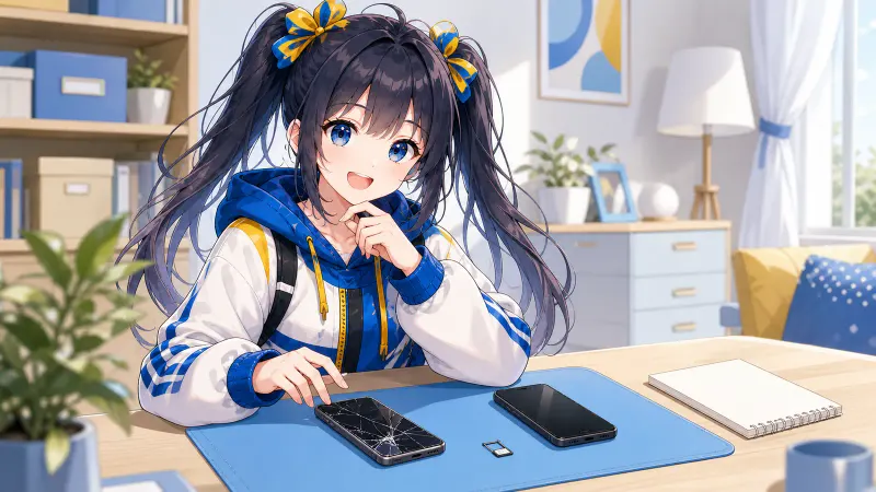 ユイが画面の割れたスマホと電源の入らないスマホを分け、取り外したSIMを確認している様子