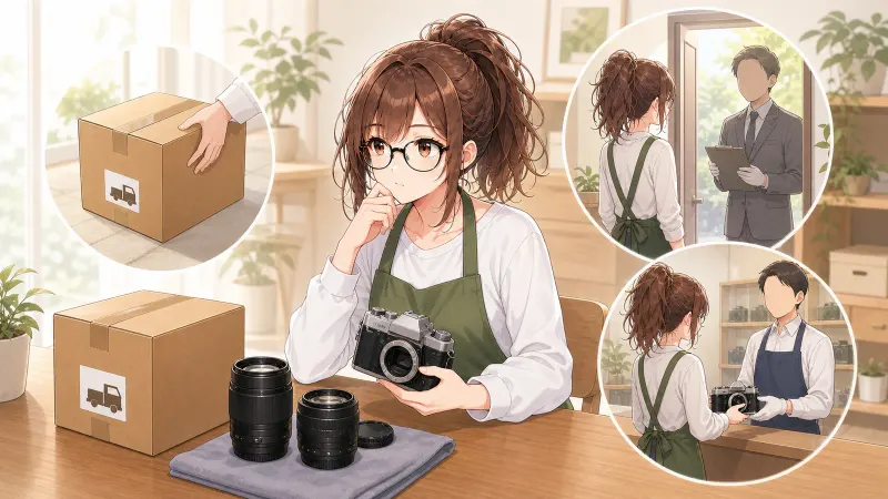 カメラを箱へ入れる準備と売り先の比較を示したイラスト