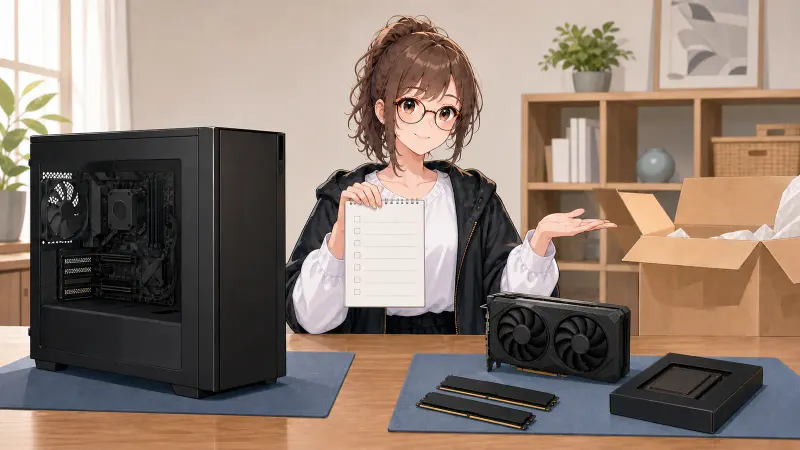 ミチルが自作PC一式とグラフィックボード・メモリなどのパーツ別売却を見比べている様子