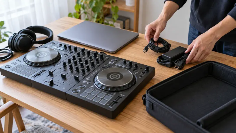 DJコントローラーの隣でUSBケーブルと専用電源をまとめる様子