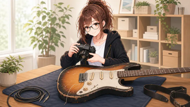 楽器と機材の状態を確認し、売る準備をするイラスト