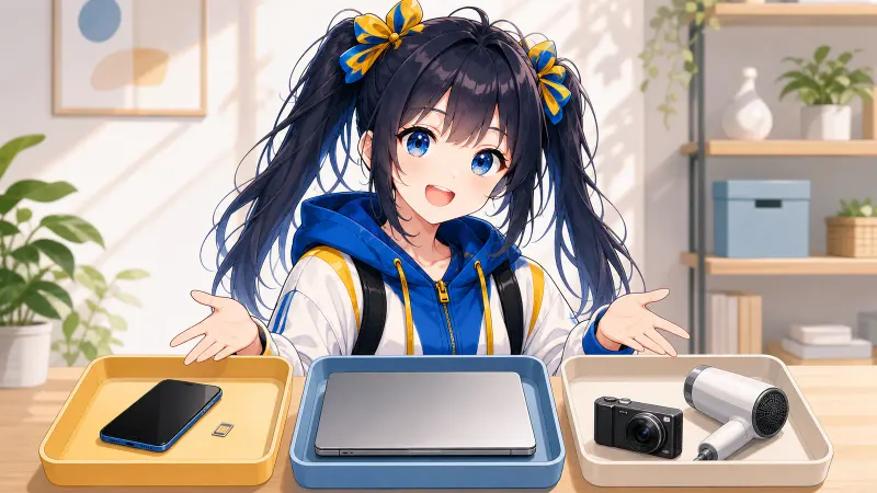 ユイがスマホ、パソコン、カメラとドライヤーを別々のトレーに分けて手放し方を考えている様子
