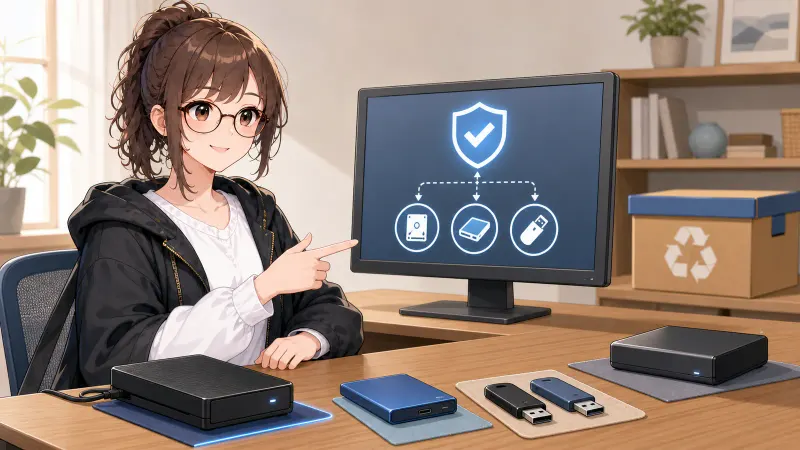 ミチルが外付けHDD、SSD、USBメモリを再利用・専門処理・回収の行き先へ分けている様子