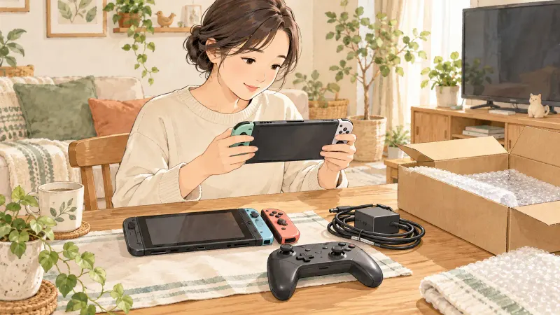 買い替えたゲーム機でデータを確かめながら、旧本体と電源、コントローラーを整理する様子