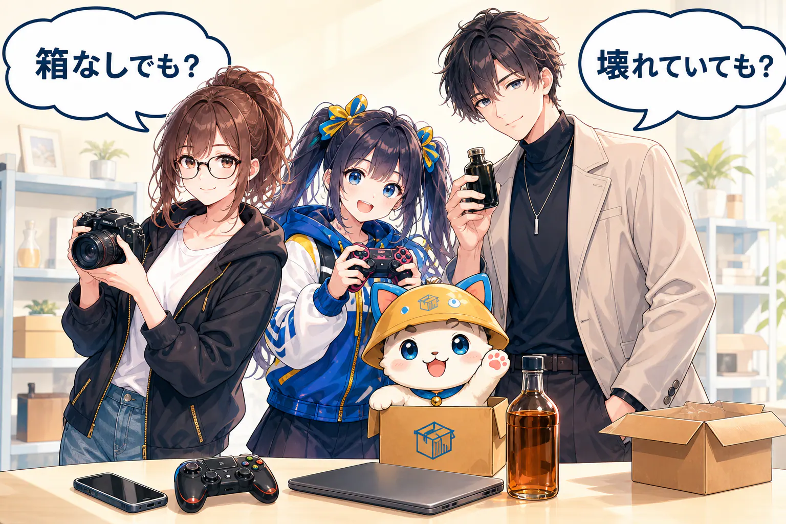ミチル、ユイ、ソウとハコまるが、家にある品物の行き先を一緒に考える