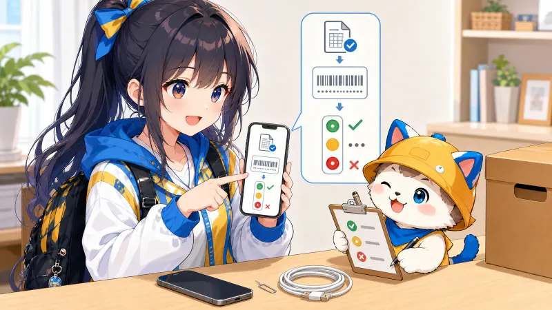 ユイとハコまるがスマートフォンのIMEIとネットワーク利用制限の三段階表示を確認している様子