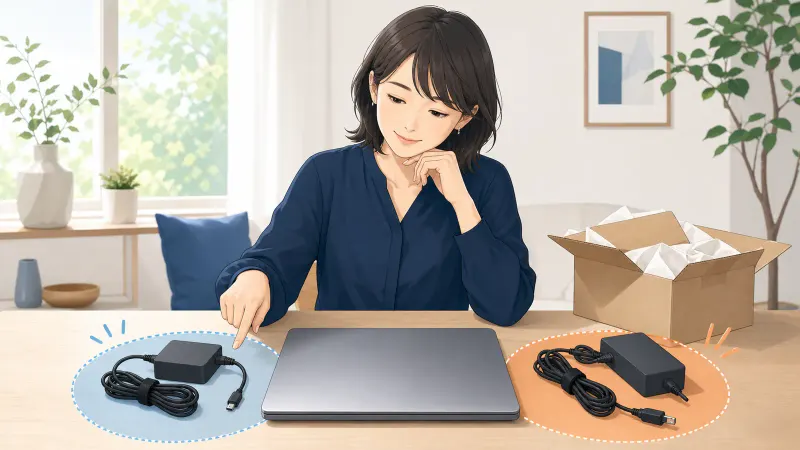 ノートパソコン本体と専用ACアダプター、バッテリー、発送箱を机上で照合している様子