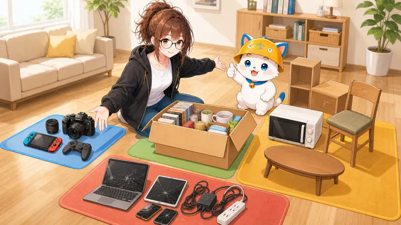 ミチルとハコまるが大量の不用品を一箱へ入れる小物、専門品、大型品、送らない危険物へ分けている様子