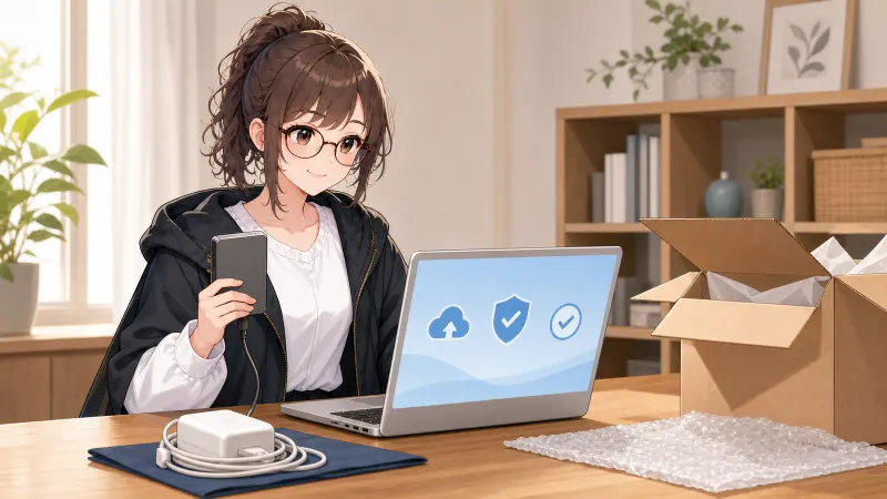 ミチルがMac、バックアップ用ドライブ、電源アダプター、発送箱を並べて売却準備を確認している様子