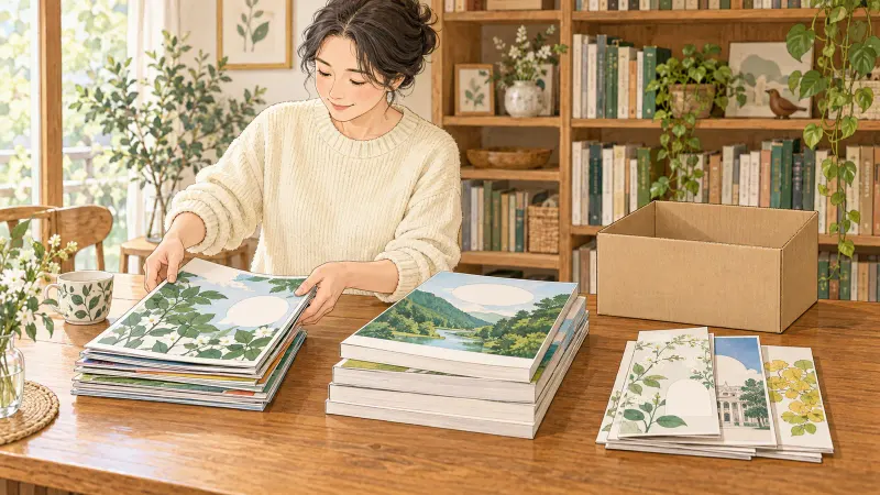 本棚から出した雑誌、厚みのあるムック、薄いパンフレットを机で分ける様子