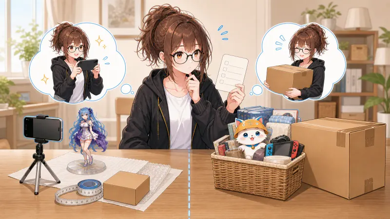 ミチルが一品ずつ撮影して出品する方法と、複数品を箱へまとめて査定する方法を比較している様子