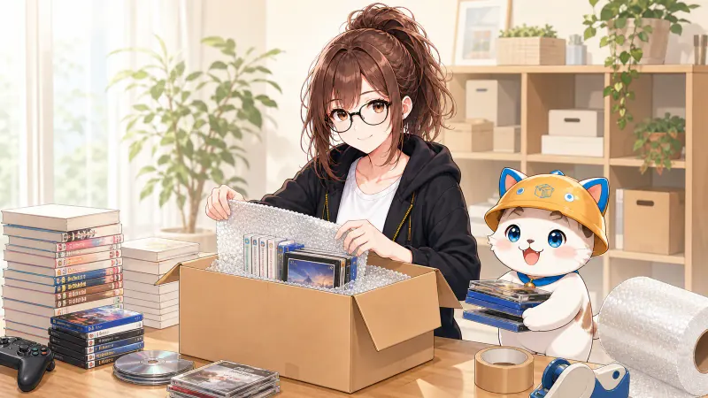 ミチルが本、漫画、ゲームソフト、CD、DVDを種類ごとにそろえて一つの宅配箱へ梱包している様子