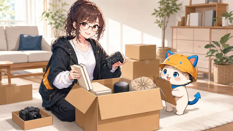 ミチルがゲームコントローラー、本、小型スピーカーを箱へまとめ、カメラだけを専門査定用に分け、ハコまるが梱包を確認している様子