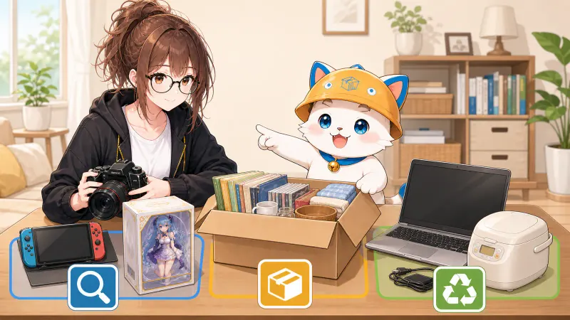 ミチルが家の不用品を専門査定、まとめ売り、回収の三つに分け、ハコまるが行き先を示している様子