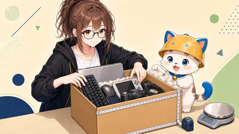 ミチルがパソコン本体、キーボード、携帯電話、小型家電を一つの規定サイズの箱へ分けて入れている様子
