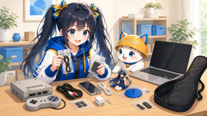 ユイとハコまるが箱のないゲーム機やスマホ、フィギュア、パソコンの残った付属品を品物ごとに分けている様子