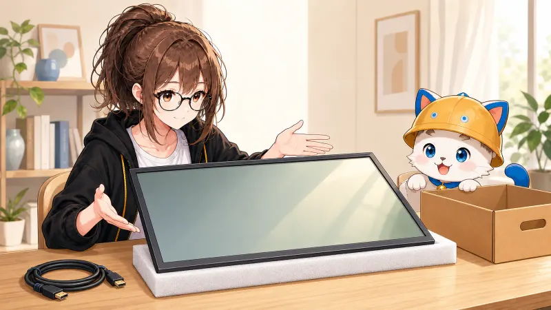 緩衝材に載せたスタンドなしのモニターを確認するミチルと猫の案内役
