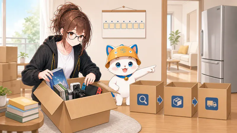ミチルとハコまるが引っ越しまでの7日間を確認し、不用品を宅配箱、大型品、回収品へ分けている様子