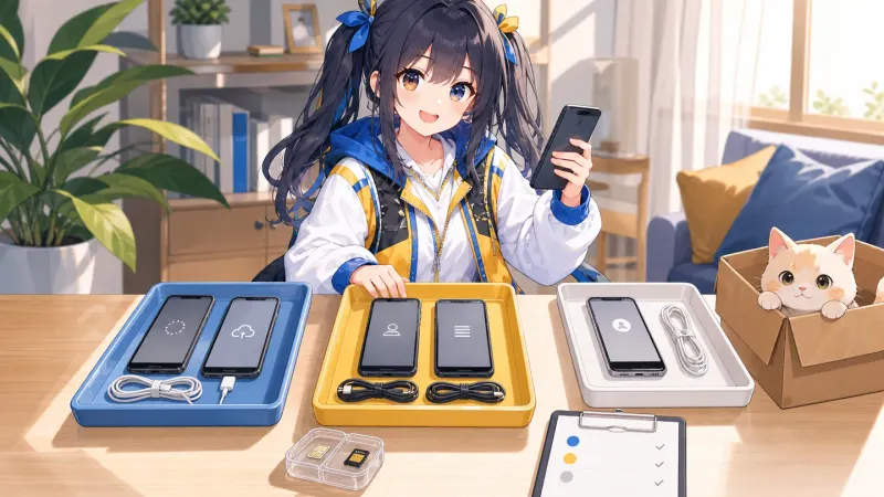 ユイが複数の古いスマホを、査定準備済み、確認中、所有者へ返す端末に分けている様子