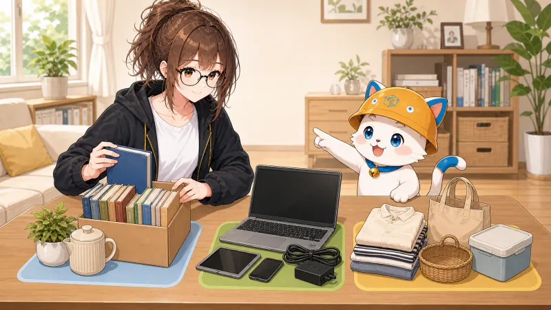 ミチルとハコまるが値段の付かなかった本や衣類、パソコンを、もう一度査定に出す物、譲る物、回収に出す物に分けている様子