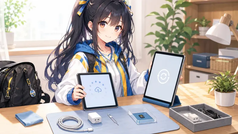 ユイが古いiPadとAndroidタブレットを、バックアップ済みと初期化確認中に分けている様子