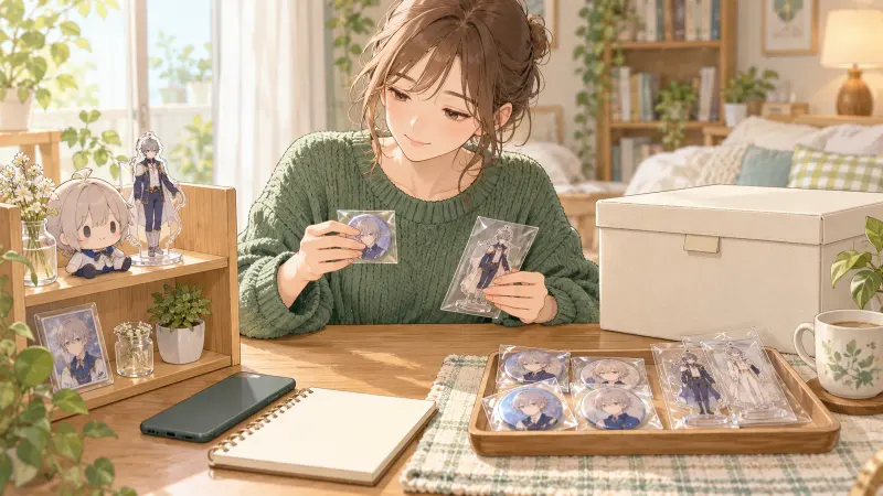 好きなグッズを棚へ残し、保留用の箱と重複品のトレーを分けて整理する様子