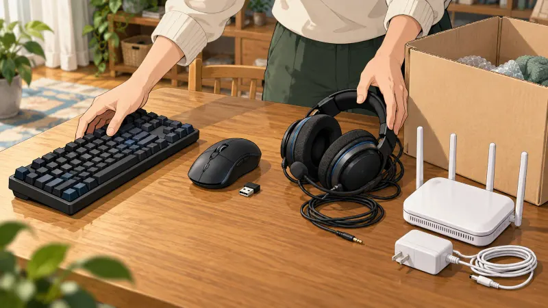 PC本体を含めず、キーボード、マウス、ヘッドセットとルーターをまとめる様子