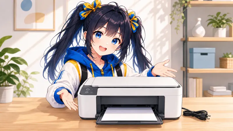 卓上プリンターと電源コードを前に、売却・回収を考えるユイ