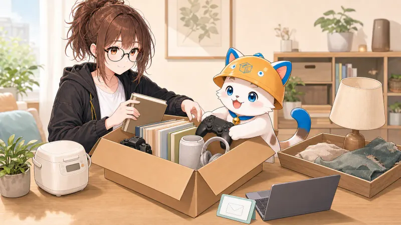 ミチルとハコまるが本、ゲーム、カメラ、スピーカーなどを宅配箱へ入れ、対象外の品を別トレーへ分けている様子
