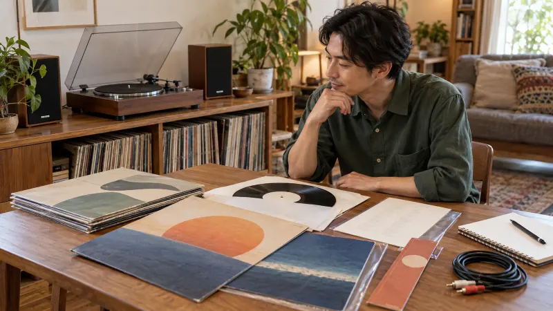 棚のレコードとレコードプレーヤーを家でまとめて査定へ出す準備をしている様子