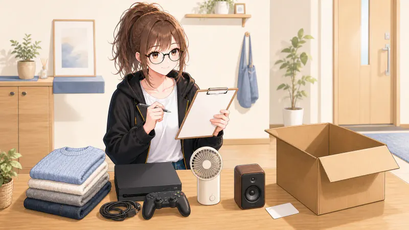 ミチルが店へ持ち込むゲーム機、衣類、小型家電と付属品を箱の横で確認している様子