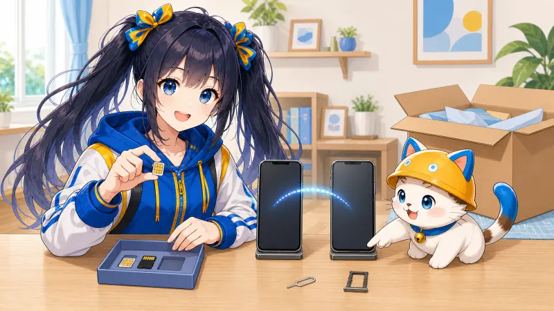 ユイが物理SIMとSDカードを保管し、2台のスマホ間でeSIMを移す流れを確認する様子