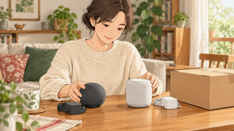 使わないスマートスピーカーを専用電源と並べ、宅配査定の準備をする様子