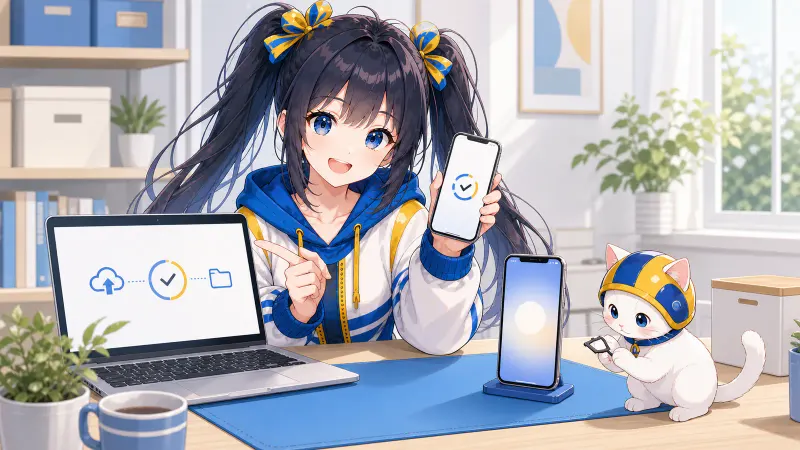 ユイがパソコンでバックアップ完了を確認し、初期化済みスマホとSIMトレイを確認する様子