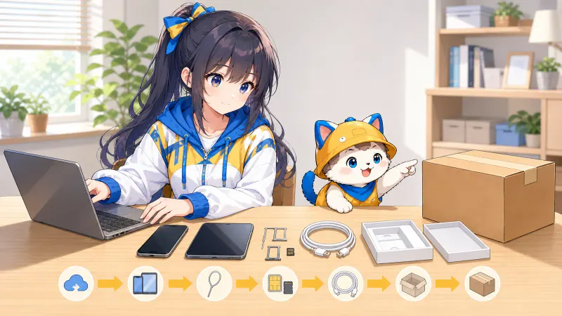 ユイがスマホとタブレットのバックアップ、SIM取り外し、付属品整理、梱包を順に進める様子
