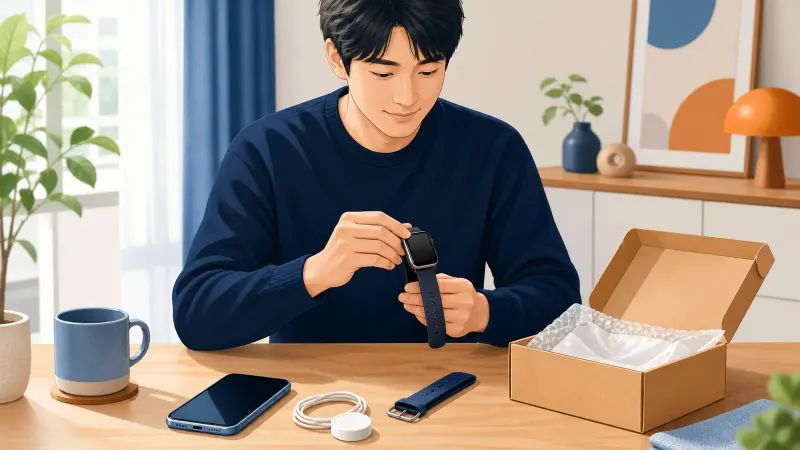 スマートウォッチとスマホ、充電器、交換バンドを机に並べ、解除と査定準備を確認している様子