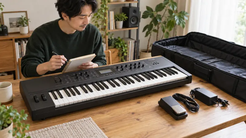 シンセサイザーと専用電源、ペダル、ケースを机にそろえ、売却前の準備をする様子