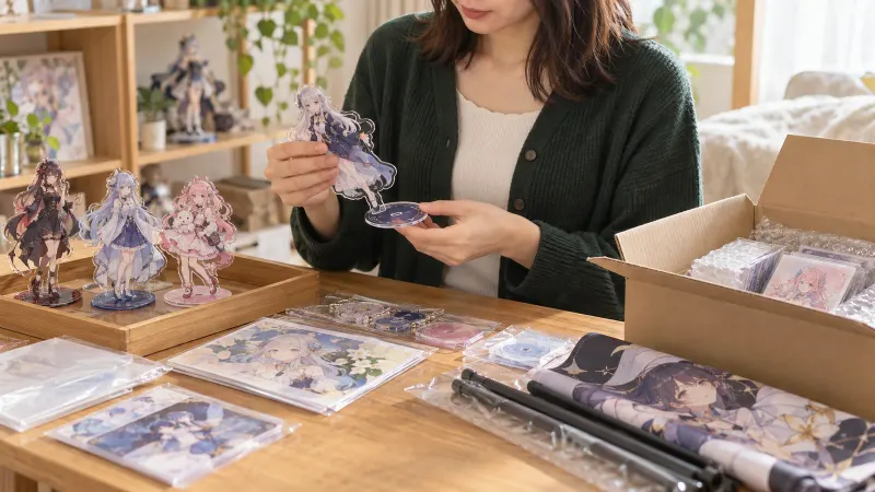 架空の配信者のアクスタ、缶バッジ、カードと記念グッズを販売年ごとに整理する机