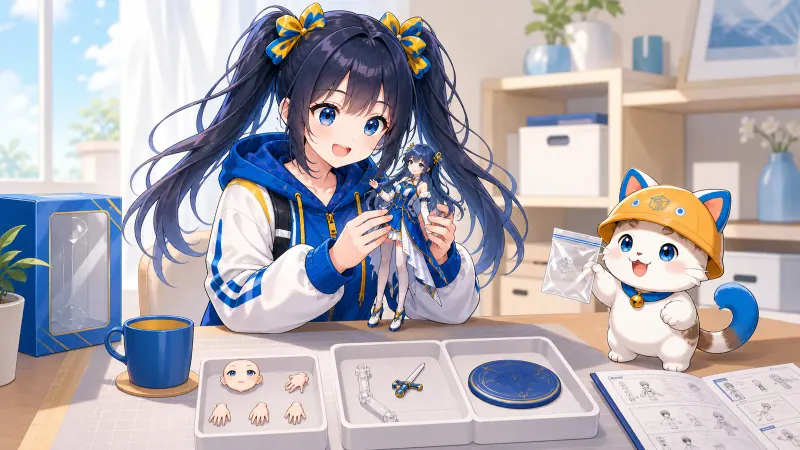 ユイがフィギュア本体、台座、交換用の顔と手、説明書を並べ、足りないパーツを確認している様子