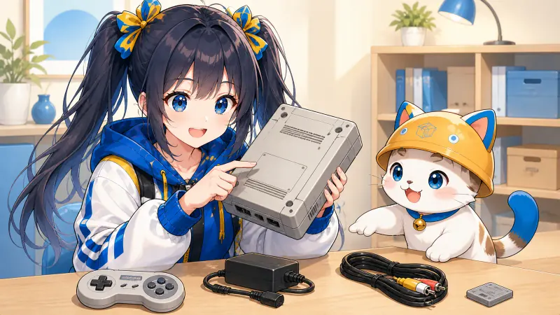 ユイが箱のないゲーム機本体、電源ケーブル、映像ケーブル、コントローラーを並べて確認している様子