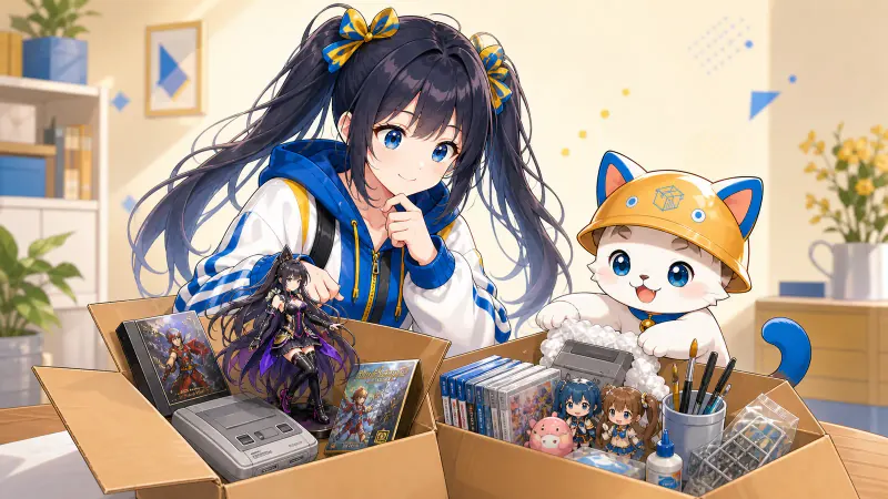ユイがフィギュア、ゲーム機、ゲームソフトを専門査定用とまとめ売り用の箱へ分けている様子