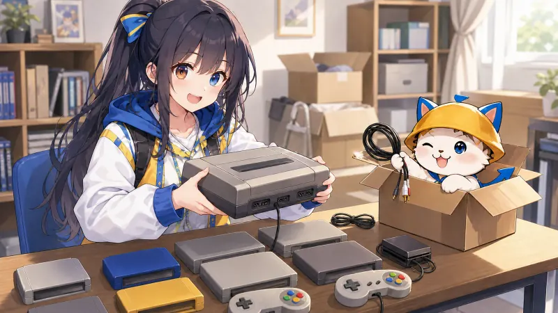 ユイが古いゲーム機、ソフト、コントローラー、ケーブルを机に並べ、ハコまるが付属品を確認している様子