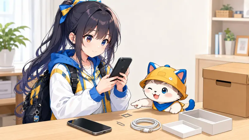 ユイが古いスマートフォンの本体、SIMトレイ、充電ケーブルを確認し、ハコまるが取り外したSIMを指している様子