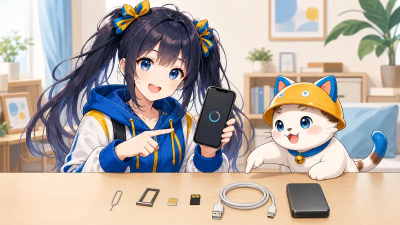 ユイが箱のないスマートフォン本体、SIMトレイ、取り外したSIMとSDカードを確認している様子