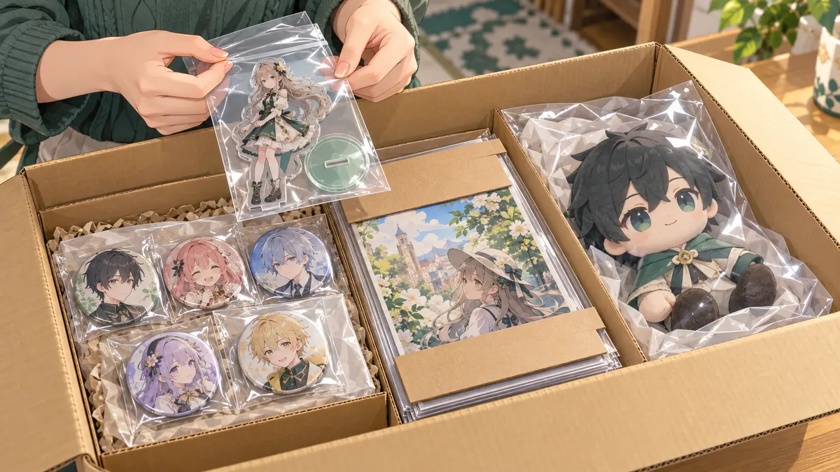 アクスタと台座を組み合わせ、缶バッジを個別に包み、紙物とぬいぐるみを分けて梱包する様子
