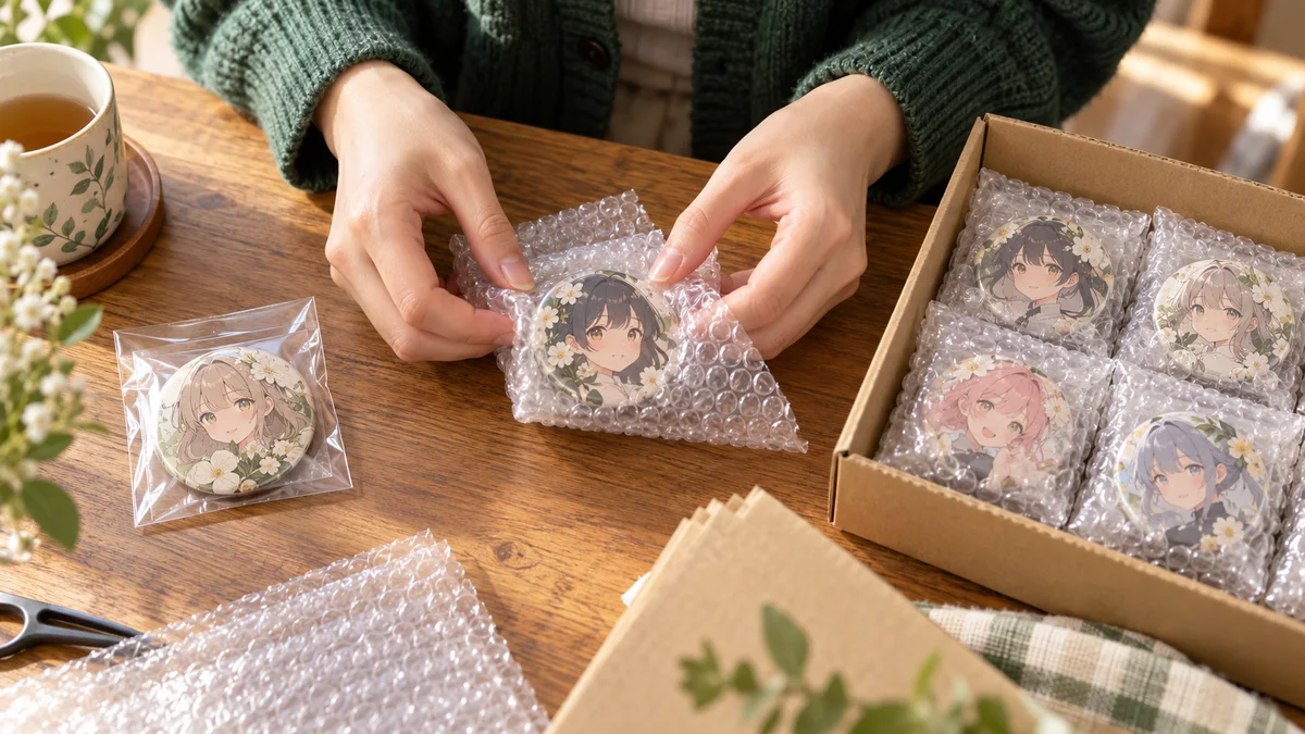 缶バッジを一個ずつ透明袋へ入れ、緩衝材で包んで小箱へ並べる手元